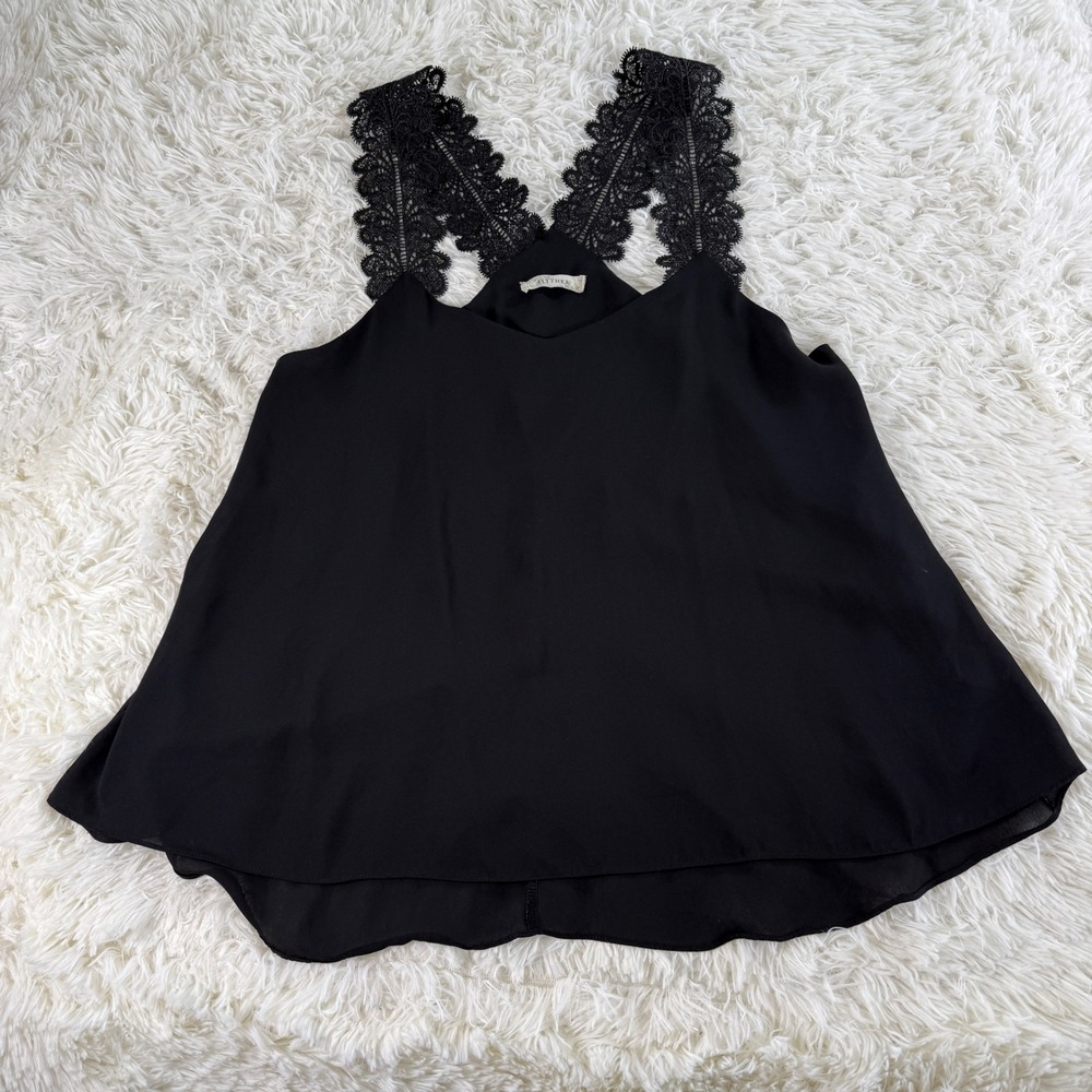 Alythea Black Lace Trim Cami Tank Top Women's Size Small V-Neck Y2K Whimsigoth‎